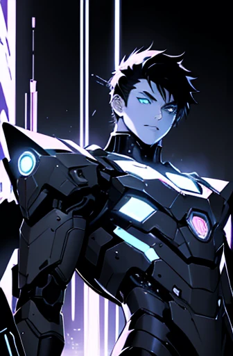 Night view background、Black and White、Monochrome、Black Hair, Cyberpunk Anime Boy, Black and white glowing mecha cyber armor boy、Eyes Shining、Pale skin