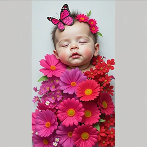 A baby High Resolution, Masterpiece, Best Quality, Detail, High Details, realistic, Textured Skin, colorful flower and butterfly 