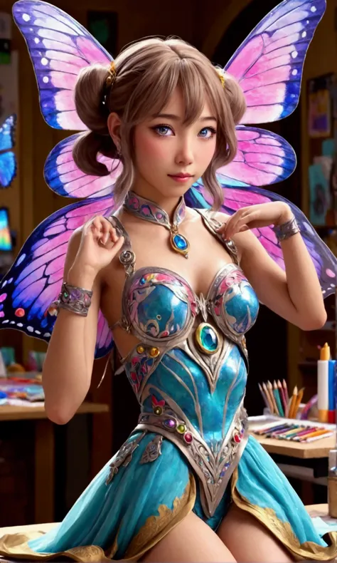 a cute yuna, magical art elf, butterfly wings, enormous gem eyes, four arms, sparkly colorful dress, toolbelt loaded with art supplies, working on an art project, enormous desk, detailed facial features, highly detailed, cinematic lighting, vibrant colors,...