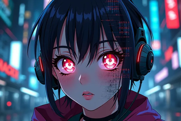 Close-up of an anime character with a mohawk, Equipped with DDOS ATTACK accessories, Her face is partially glitched and distorted.、Binary code and pixelated patterns are displayed。, Dark cityscape with neon lights and hacker symbols in the background, Cine...