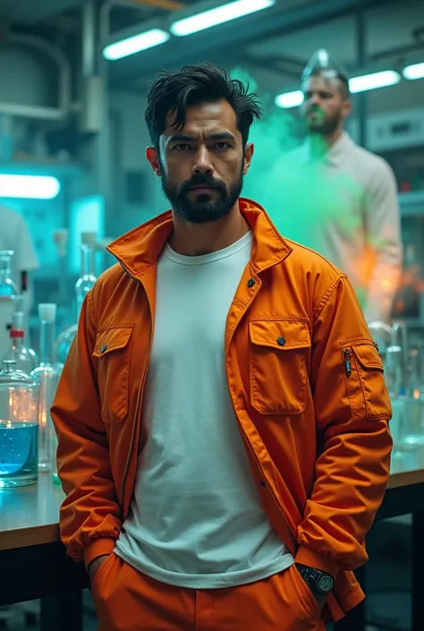 A asian man with 30 years old with dark hair beard  view front side of face wearing orange jacket  inner white tshirt and orange pant backround should be a lab with blue and greenish chemicals there is an human clone in glass of big glass container 