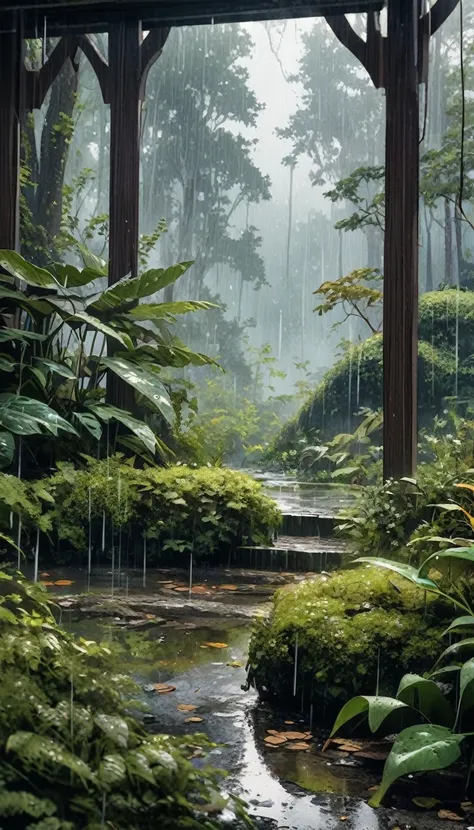 Rainy day in the forest, indoor landscape  