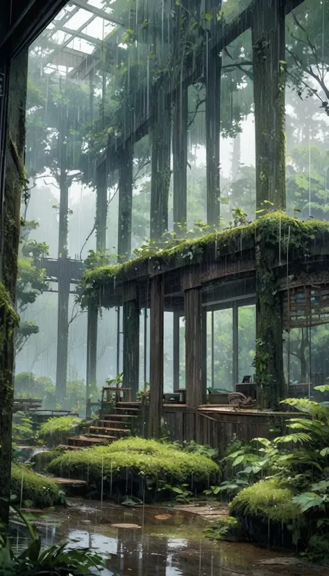 Rainy day in the forest, indoor landscape  