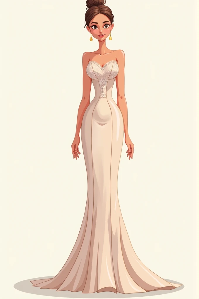 Outline a gown with a fitted bodice and an A-line skirt. Draw the bodice with darts and a slight curve at the waist, and extend the skirt into a gentle flare that reaches the floor.cartoon