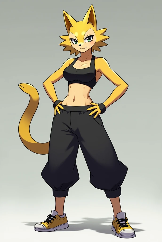 Pokemon female zeraora , With baggy pants 3/4 blacks and sports bra , with its legs in sight 