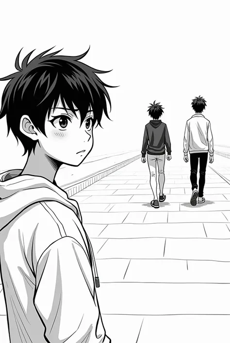 manga style black and white a teen who seeing him walk with another girl