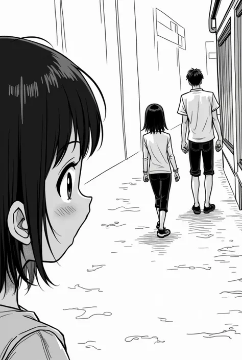 manga style black and white a cute  teenager girl who seeing him walk with another girl