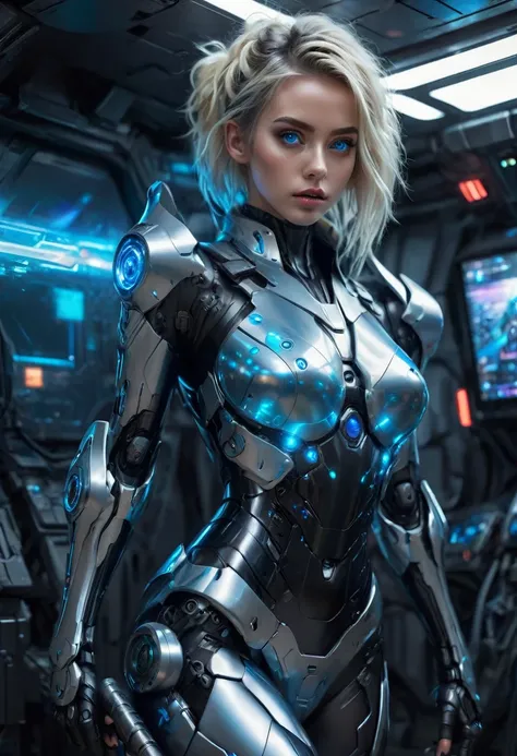 a woman wearing exoskeleton cyber armor, the armor fits snugly、((she has a plasma gun in her hand)), full body photo, maximum de...