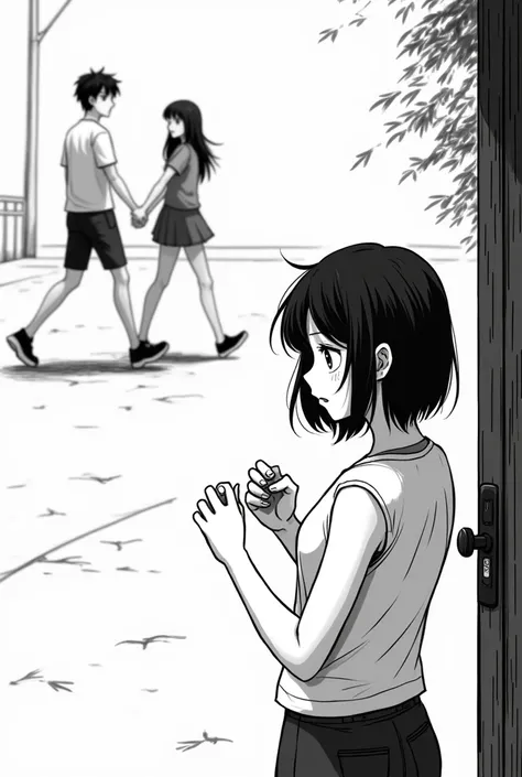 manga style black and white a cute  teenager girl who seeing him walk with another girl