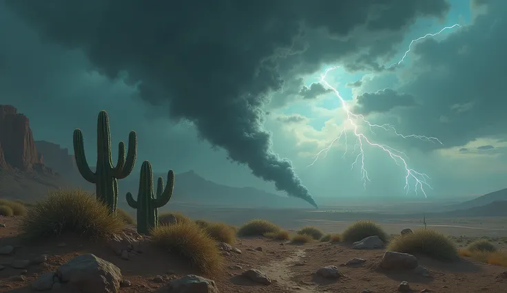 A deserted desert,The sky is cloudy,In the distance there is a tornado about to sweep over,Tornadoes are filled with lightning of various colors,There is light in the sky casting down the Tyndall effect,There are two small cacti close together,Show your re...