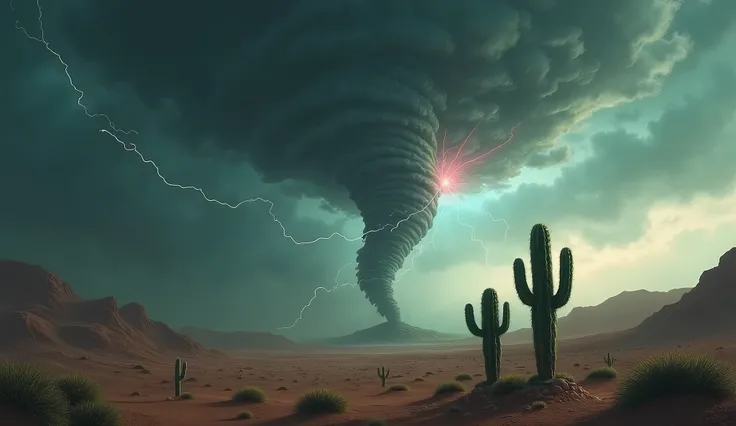 A deserted desert,The sky is cloudy,In the distance there is a tornado about to sweep over,Tornadoes are filled with lightning of various colors,There is light in the sky casting down the Tyndall effect,There are two small cacti close together,Show your re...