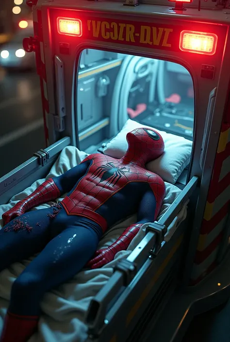 Ambulance taking spiderman to hospital because of he shooted at chest