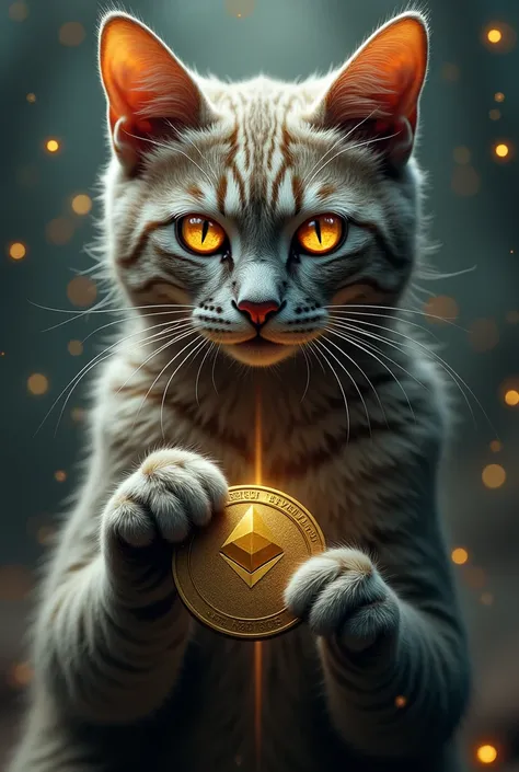 A photo of a real cat with human sibyls similar to Behnam Bani&#39;s sibyl in a large size with laser eyes, holding an ethereum in its hand and ethereum falling from top to bottom in the background.