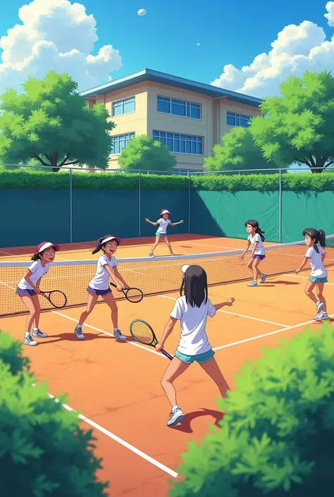 Girls&#39; school tennis court、Female student playing tennis、multiple、Bright expression、