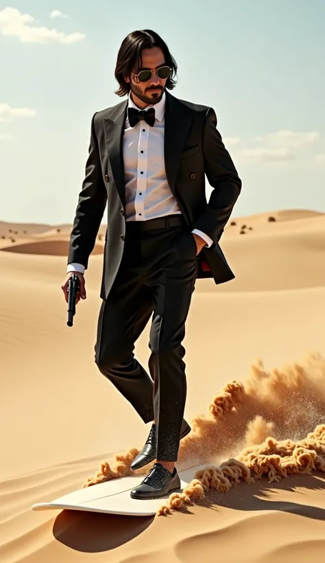 Professional photography, photo of a man wave surfing on the sand of desert, he wearing tuxedo, he is a fashionista, professional posing, he wearing sunglasses, cinematic lighting, hand in pocket, John Wick holding gun