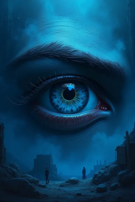 Human representation of the eye of Horus with a blue and apocalyptic background
