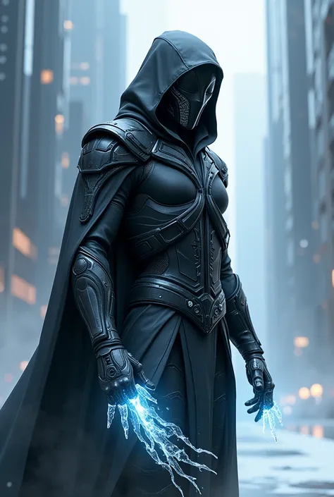 Futuristic style male character with mask and hood with ice powers