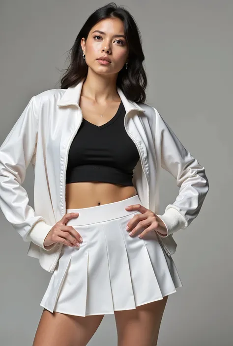 Young chubby woman in white tennis skirt and jacket posing for a photo, tennis wear, sportswear, sportswear, official dior editorial, athletic fashion photography, sports jacket, in the tennis jacket, white and black clothing, wearing jacket and skirt