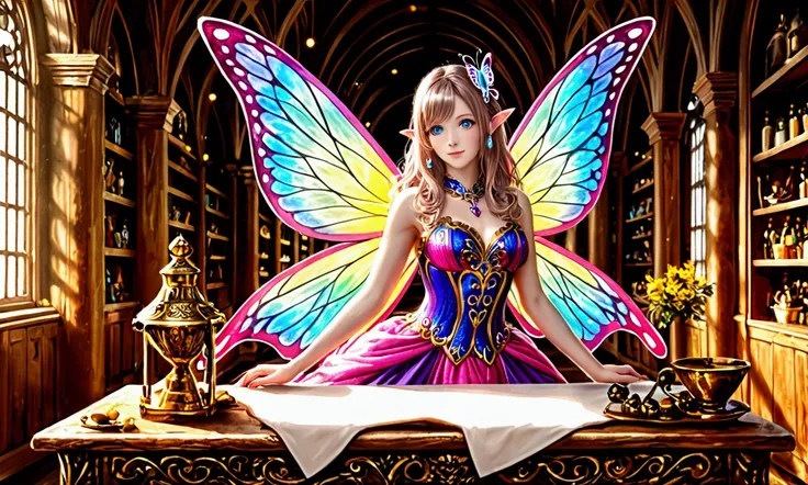 a cute yuna, magical art elf, butterfly wings, enormous gem eyes, four arms, sparkly colorful dress, toolbelt loaded with art supplies, working on an art project, enormous desk, detailed facial features, highly detailed, cinematic lighting, vibrant colors,...