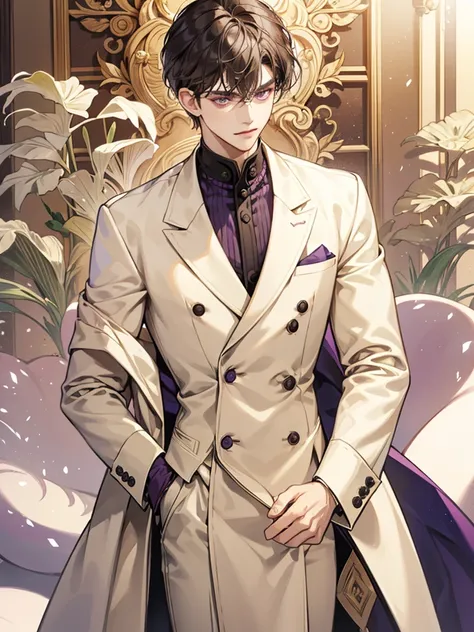 a boy with dark purple eyes. wavy short cream beige hair. cool, and handsome. and has bangs. he thin. he handsome. Background in casino. his hair wavy. like manghua character. he sad. he noble. sadistic boy. dominant. smirk. cream beige wavy hair. he is bo...