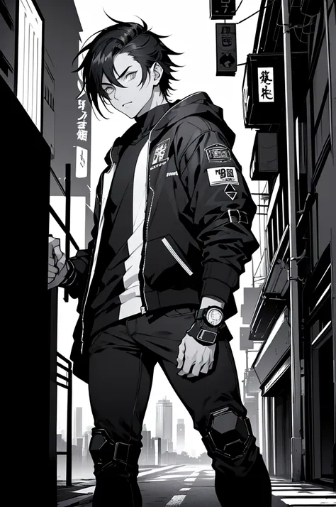 night view background、black and white、monochrome、black hair, cyberpunk anime boy, black and whiteの発光するメカサイバーアーマーの少年、shining eyes...