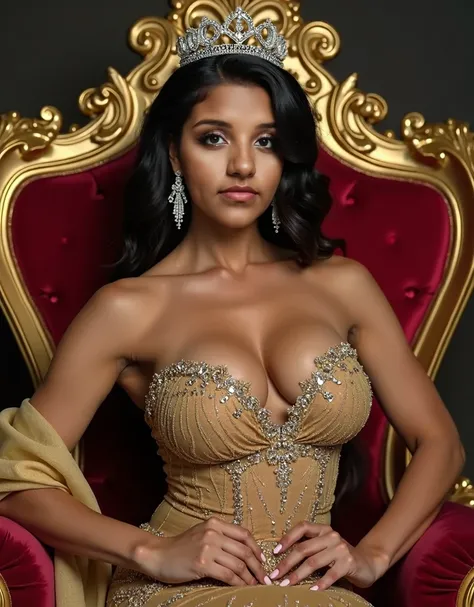 Bodybuilder araffe woman, ((extremely large breasts 3.0)), ((muscled 3.0)), with a strapless gold dress with rhinestone embroidery and with dropped sleeves and a low neckline, She is sitting on a Quinceañera throne with a princess tiara in her hair, lady h...