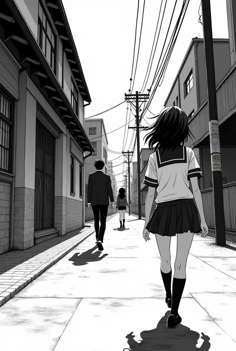 manga style black and white a teenager girl who stalked him walk with another girl