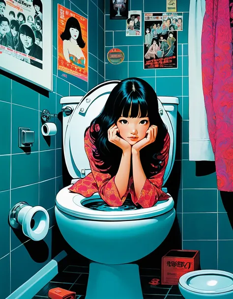 An illustration、70s horror movie posters, Inuki Kanako、Attention to detail, Analog Style, chromatic aberration, Surrealism、girl、Hanako in the Toilet