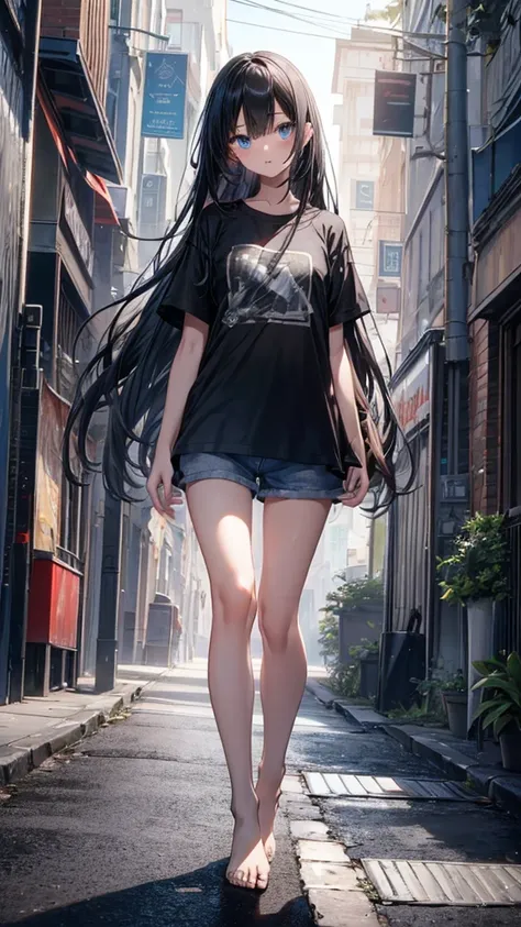 High resolution, masterpiece, High detail, One girl, solo,, Open your mouth, Black Hair, Long Hair, blue eyes, Oversized T-shirt and hot pants、You can even see the legs、You can see right down to your toes、Slender Girl、Wide Shot、 Midsummer、bustling street、S...