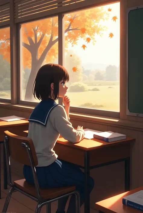 Girls&#39; School Classroom、Sit on a chair、Female student looking outside、Dead leaves are falling outside the window、