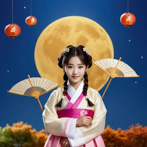 realistic photo , A cute Korean idol girl is wearing a hanbok and giving Chuseok greetings.