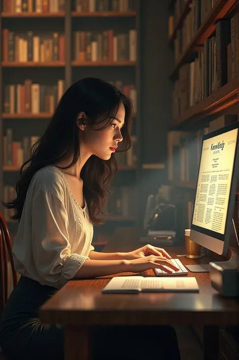 generate an image of a beautiful girl in which she operating an computer in library with the logo of Knowledge Nexus 