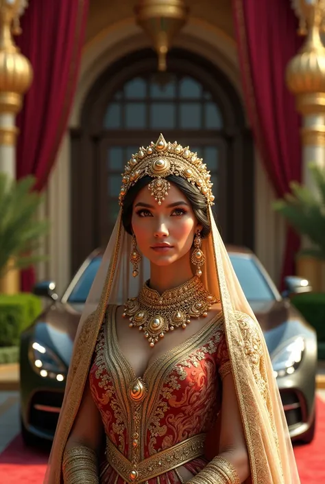 An Award Winning Masterpiece, High Quality (photorealism: 1.2), Visualize the portrait of an Arabian princess next to a luxurious Mercedes, set in an opulent environment. The scene captures the elegance and grandeur beautifully.