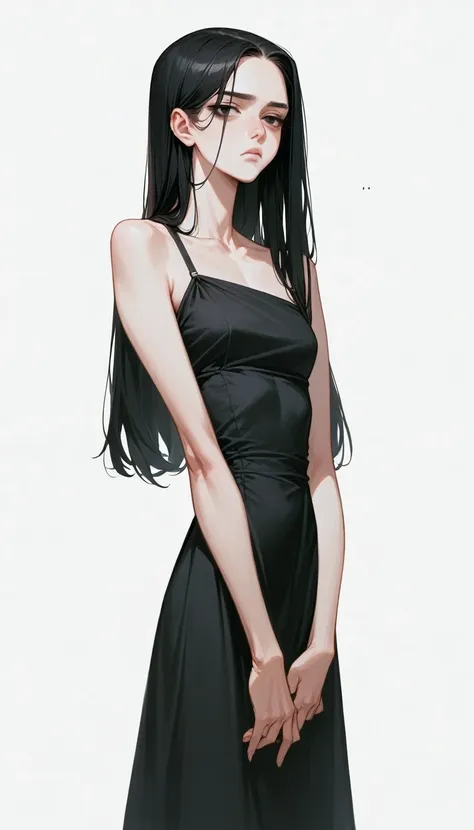 masterpiece, Highest quality, One woman, Indifference, Looks sleepy, Standing, Looking this way, Long Hair, Black Hair, black eye, Fair skin, skinny, fashion, Black dress, Arms crossed, White background, Flat Color, 