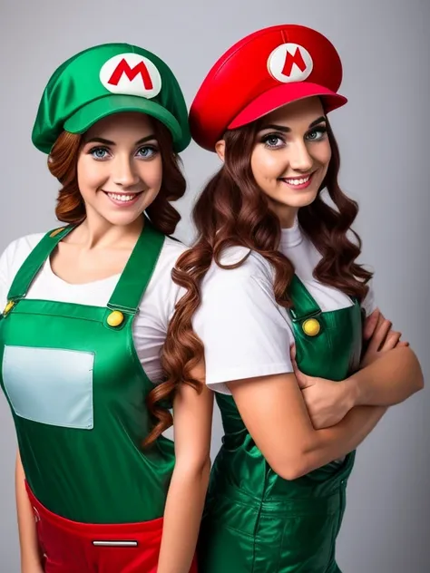 2 girls, (girl cosplaying as Mario and girl cosplaying as Luigi, {[a girl dressed as Mario has brown bob hair and Brown big eyes, super cute slightly round face, is wearing Marios red Casquette, fake mustache, a red shirt, blue overalls, and white gloves]}...