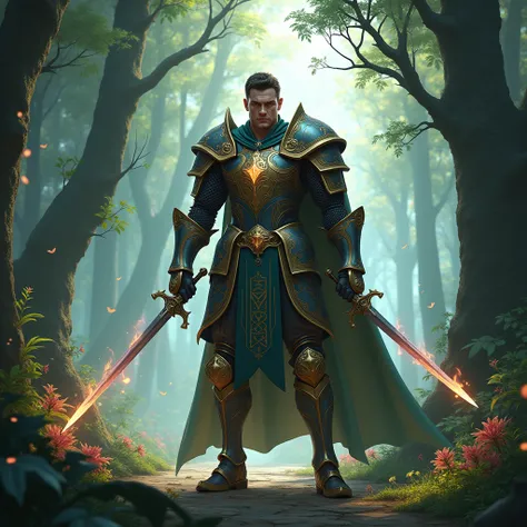 A FULL BODY WARRIOR IN ARMOUR. IT MUST BE MEDIEVAL STYLE WITH SWORDS AND IN AN EXCEPTIONAL ENCHANTED FOREST TYPE ENVIRONMENT