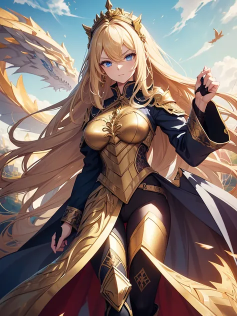 Create an image of a character in ornate golden armor with long flowing hair, standing confidently within an elaborate frame against a sky backdrop. The character is a 2 woman with an anime style. She is wearing tight blue pants. The character is also wear...