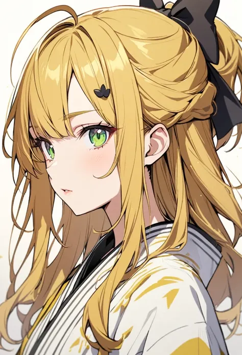 girl, solo, pretty, green eyes, brown eyes, half updo hair, Mustard yellow hair, beautiful color, beautiful eyes, ahoge hair, black bow on hair, yellow eyebrows, Kamidere, adult, royal hair