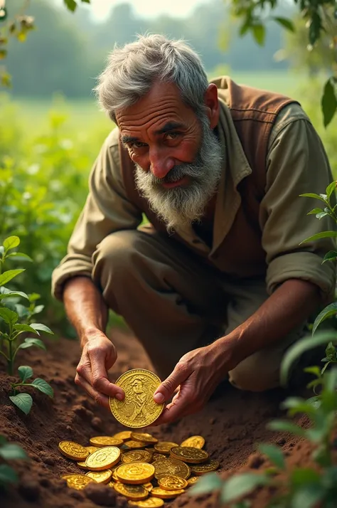 Ramu Finding the Gold Coin**: A hardworking farmer, Ramu, is digging in his lush green field. Suddenly, he uncovers a shiny, ancient gold coin hidden in the soil. His expression shows surprise and disbelief as he holds the coin in his hand