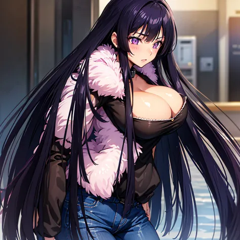 1 girl,beautiful girl,Perfect black hair,Long Hair,Purple Eyes,fur collar jacket,The perfect brown jacket,No shirt on,Not wearing a bra,Cleavage,Denim jeans,Facing forward