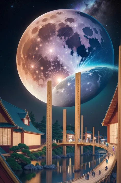 a breathtaking ukiyo-e style scene, a serene night sky with twinkling stars, a glowing full moon, a beautiful planet earth float...