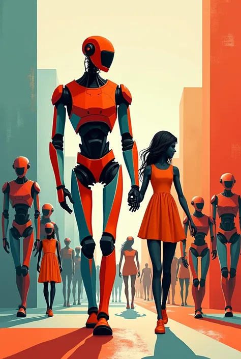 Using geometric shapes, colors and strokes, make a robot walking happily with your dog ( living being ) in the middle of a square, with robot children,  robot women,  etc. i.e., make an art that shows that the robot has stolen man&#39;s place even in leisu...