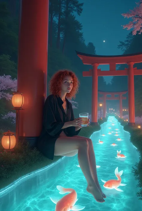 Full body, sitting on road side,1girl, bellissima, luminous background, black shirt, curly red hair, big breasts, underboobs dress,  holding a cup of coffee in a transparent cup,glass transparent road with japanese red torii as supporting pillars, glowing ...