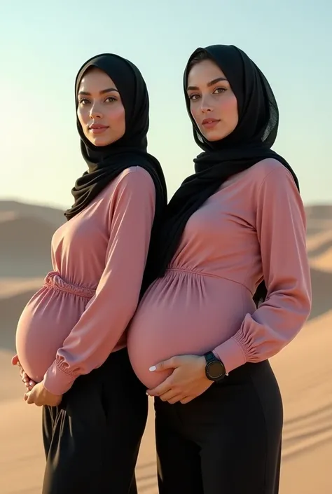 Cute italian two hot  woman pregnant wearing black hijab pink shirt full sleeves balck watch black trousers very cute blue eyes pink lips slim body beautiful woman standing in on desert facing to camera 