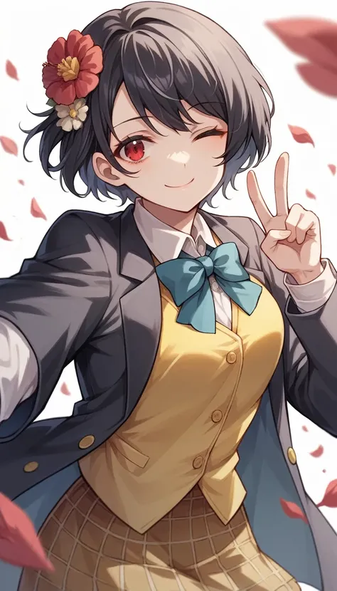 masterpiece, best quality, very aesthetic, absurdres,
1girl, mizuno ai, zombie land saga, black hair, red eyes, flower, hair flower, collared shirt, black jacket, , blue bowtie, yellow vest, plaid skirt, dutch angle, closed mouth, smile, pointing, peace si...