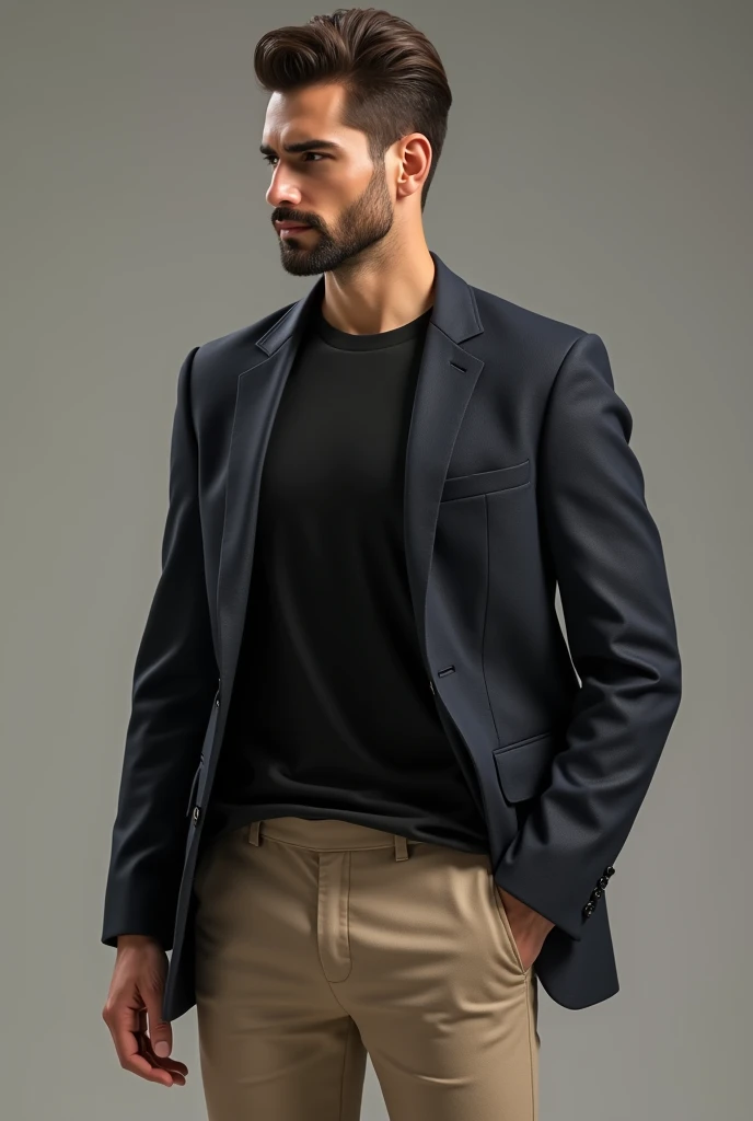 Man  wearing blazer with black t shirt inside and beige pants