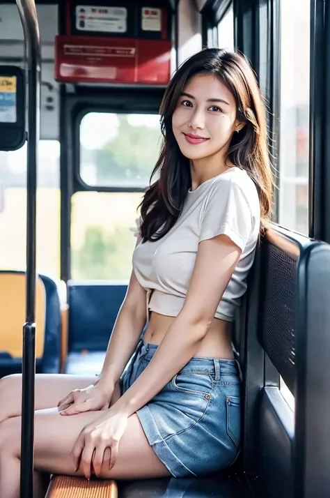 RAW, Best quality, high resolution, masterpiece: 1.3), Beautiful woman, sitting on 25years old man lap on a bus among men, crowded passenger bus, LONG HAIR, slim body, only wearing shirts, vagina shown, highres, no panties, ((4k, HDR, 1girl, photorealistic...