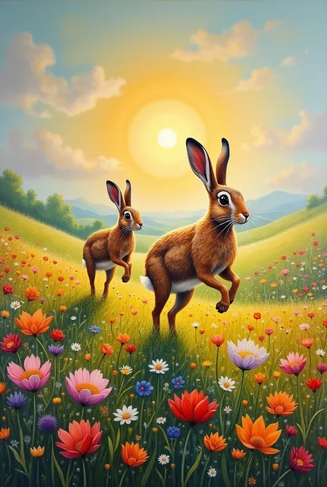 Beautiful oil painting, a hare runs across a field of flowers, a hare followed him, there is a sun in the sky