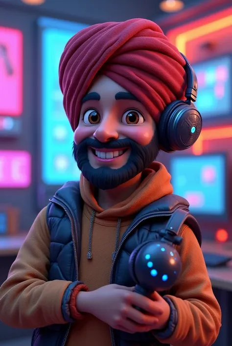 A 3d animated Indian punjabi man wearing turban holding gaming headphone pic from left side in with gaming background 