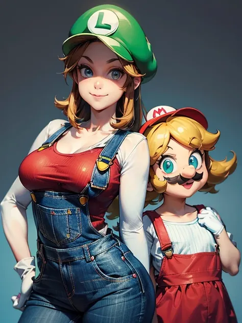 2 girls, (girl cosplaying as Mario and girl cosplaying as Luigi, {[a girl dressed as Mario has brown bob hair and Brown big eyes, super cute slightly round face, is wearing Marios red Casquette, fake mustache, a red shirt, blue overalls, and white gloves]}...